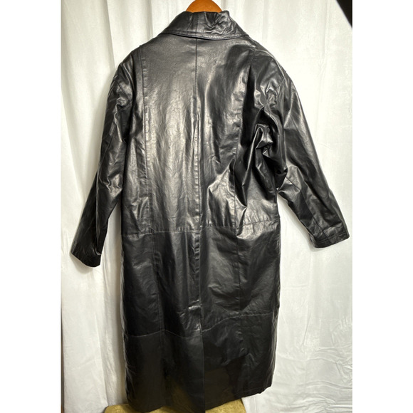 Vintage Long Black Leather Coat Women's Size L Double Breasted Patchwork Style - Picture 8 of 11